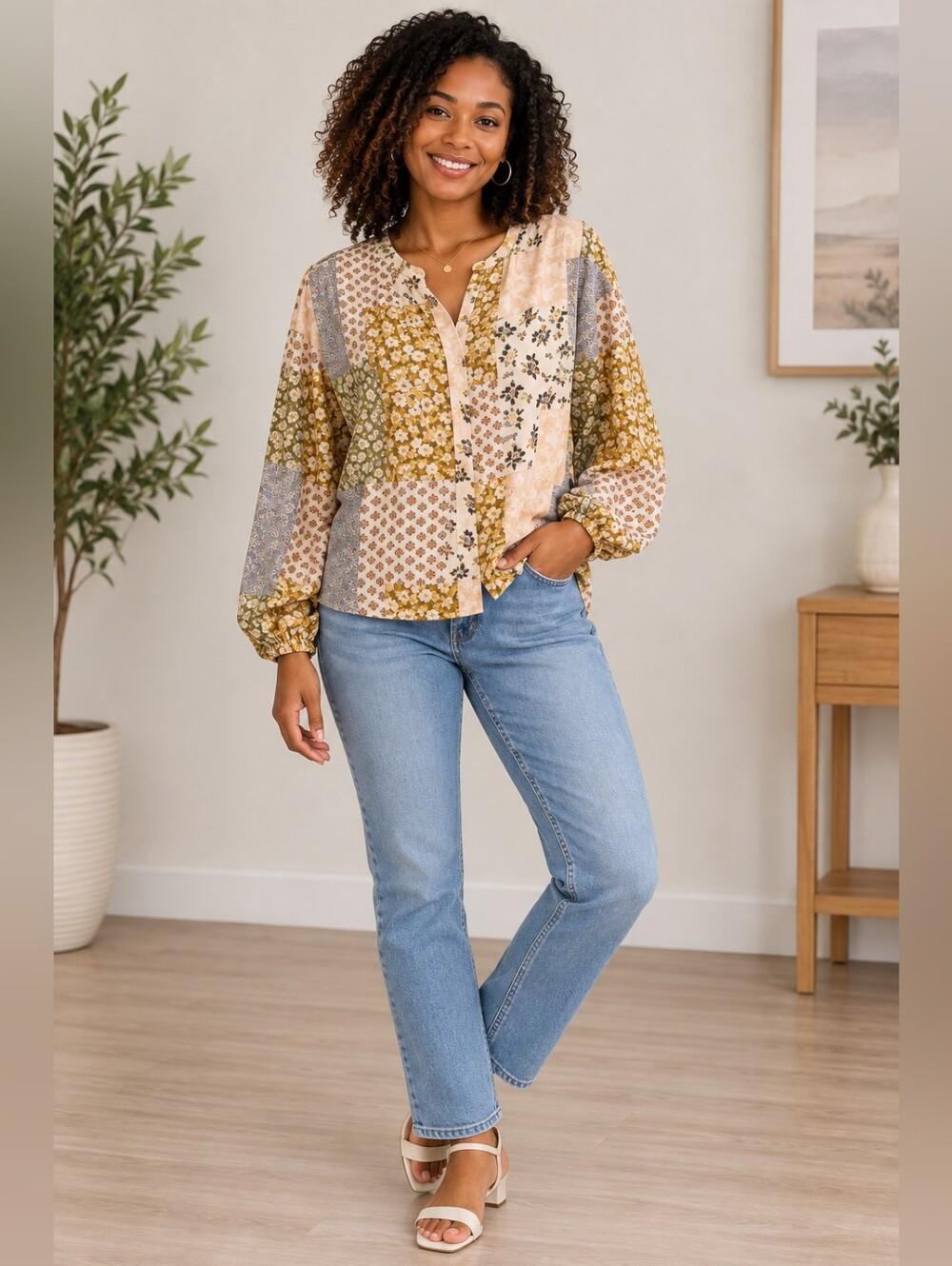 Women’s Floral Patchwork Button Front Blouse Small Boho Cottagecore Top